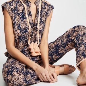 Poupette St. Barth Donna Lace Trimmed Long Jumpsuit In Navy Dream